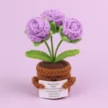 Handmade purple crochet floral plant with motivational card and smiling desktop ornament - 3-Head Bubble Rose / Medium Smile Pot (Brown) / Purple