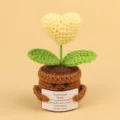Cute handmade crocheted emotional plant desk ornament with a yellow heart-shaped flower - Heart Shape / Medium Smile Pot (Brown) / Yellow