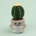 Handmade crochet cactus emotional plant with motivational message card - Cactus / Medium Smile Pot (Beige) / Dark Green