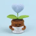 Handmade blue crochet heart potted plant with a positive emotional support message card - Heart Shape / Medium Smile Pot (Brown) / Blue