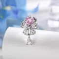 Eleganter Knorpelstecker mit rosa Schleife und hängendem Wassertropfen-Kristall in Silber - Einzeln A1273-2# / Hellrosa