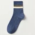 Men's blue striped mid-tube combed cotton socks, breathable and comfortable everyday wear. - One Size 39-45 / Sapphire Blue