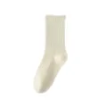 Cream white mid-calf ribbed socks for women, classic solid color elastic design for daily wear. - Milk White