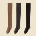 Brown, dark grey and black knitted over-the-knee socks, warm thigh high winter leg wear. - One Size / Coffee & Dark Gray & Black