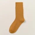 Men thickened winter terry mid-calf socks in mustard yellow, solid color casual daily wear. - H122 (One Size 39-46) / Turmeric