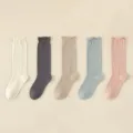 Bamboo fiber women socks, spring summer loose cuff ruffle socks, comfortable multi color variant. - 5 Pairs/Pack / White + Dark Gray + Khaki + Light Blue + Light Pink