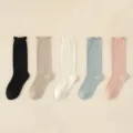Bamboo Fiber Women Ruffled Mid-Calf Socks Loose Top Breathable Spring Summer Wear Style - 5 Pairs/Pack / Black + Khaki + White + Light Blue + Light Pink