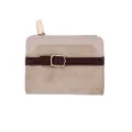 Elegant beige and brown patchwork short women's wallet with buckle and zipper closure - Off White
