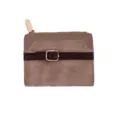 Compact brown women's wallet in PU leather with stylish patchwork and belt buckle - Khaki