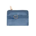 Compact blue patchwork women's wallet with suede texture and a gold buckle detail - Blue