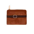 Patchwork short brown faux suede wallet for women with gold zipper and buckle detail - Brown