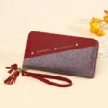 Elegant long zipper wallet for women with red PU leather and silver glitter splice - Red