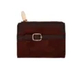 Compact burgundy patchwork women's wallet with buckle detail and top zip closure - Coffee