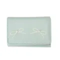 Elegant mint green tri-fold women's short wallet with bow print and pearl accent - Green