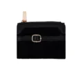 Short black ladies wallet with PU leather patchwork and belt buckle - Black