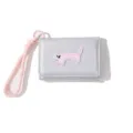 Cute silver tri-fold ladies wallet with pink cat embroidery and matching wrist strap - Silver