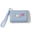 Cute light blue cartoon cat embroidery three-fold short wallet with matching wrist strap - Blue