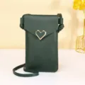 Forest green mini PU leather crossbody phone bag featuring a stylish gold heart buckle - Green