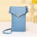 Elegant blue PU leather mini crossbody phone bag featuring a gold heart clasp decoration - Blue