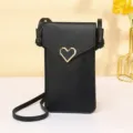 Elegant black PU leather mini crossbody phone bag with stylish gold heart clasp - Black