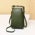 Elegante dunkelgrüne vertikale Mini-Umhängetasche für Handy mit goldenem Klickverschluss - Vertikale Kiss-Lock Handytasche / Grün
