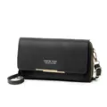 Black crossbody phone bag featuring Forever Young text and elegant gold zipper details. - Black