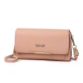 Elegant dusty rose crossbody phone bag with Forever Young branding and gold metal bar. - Light Pink