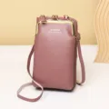 Elegant dusty pink mini crossbody phone bag with gold kiss-lock and zipper closure - Vertical Kiss-Lock Mobile Phone Bag / Deep Pink