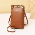 Stylish brown vertical mini crossbody phone bag with kiss-lock closure and strap - Vertical Kiss-Lock Mobile Phone Bag / Brown