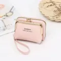 Vista dettagliata del portamonete rosa con grana litchi e chiusura a scatto dorata - Rosa chiaro
