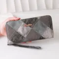 Portefeuille long élégant pour femme à motif patchwork gris avec fermeture éclair et dragonne - Noir et Gris