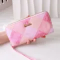 Portefeuille long pour femme à carreaux roses avec dragonne et fermeture éclair - Rose