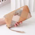 Elegante portafoglio lungo patchwork da donna nei toni della terra con cinturino - Kaki