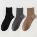 Men's pure cotton mid-tube socks, breathable deodorant solid color ribbed casual socks 3 pairs. - M86 (One Size 39-45) / M86 Black, Dark Grey & Coffee