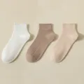 Women's cotton ribbed short socks, simple casual ankle socks in white brown and beige. - R86 (One Size 34-39) / R86 White + Khaki + Nude