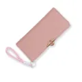 Élégant portefeuille long en cuir PU rose clair pour femme avec dragonne et finition texturée - Rose
