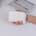 Fashionable white crocodile texture short wallet with elegant pearl chain wrist strap - White