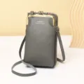 Elegant grey textured mini crossbody phone bag featuring a gold clasp and side zipper - Vertical Kiss-Lock Mobile Phone Bag / Gray