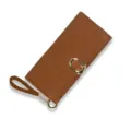 Elegant minimalist brown pebbled leather long wallet with wristlet strap for women - Brown