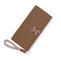 Elegant brown long wallet for women with wrist strap and minimalist gold buckle - Khaki
