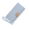 Women's light blue tri-fold wallet with gold ornate clasp and matching wrist strap. - Blue