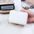 Elegant white lychee textured accordion card holder featuring secure double zipper closure - White