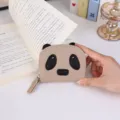 Cute cartoon panda mini coin purse with zipper and organ-style card slots, beige leather. - Khaki