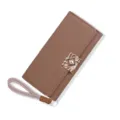 Elegant taupe long tri-fold wallet for women with decorative gold clasp and wristlet strap - Khaki