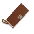 Fashionable brown pebble grain long clutch wallet for women with wrist strap and metal buckle - Brown