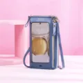 Blue multi-functional touchscreen cell phone bag with clear window and crossbody strap. - Blue