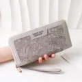 Elegante portafoglio lungo da donna grigio con motivo floreale goffrato e cinturino a mano - Grigio