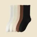 Solid color ribbed crew socks multi-pack, soft cotton casual mid-calf socks for women. - White+Milky White+Khaki+Coffee+Black