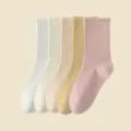 Women's ribbed mid-calf cotton socks pastel multi-color set comfortable daily wear variant - White+Milky White+Khaki+Light Yellow+Pink