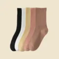 Women ribbed mid tube cotton socks set multi color comfortable casual daily wear soft cute - Black+White+Light Yellow+Dark Red+Bean Paste